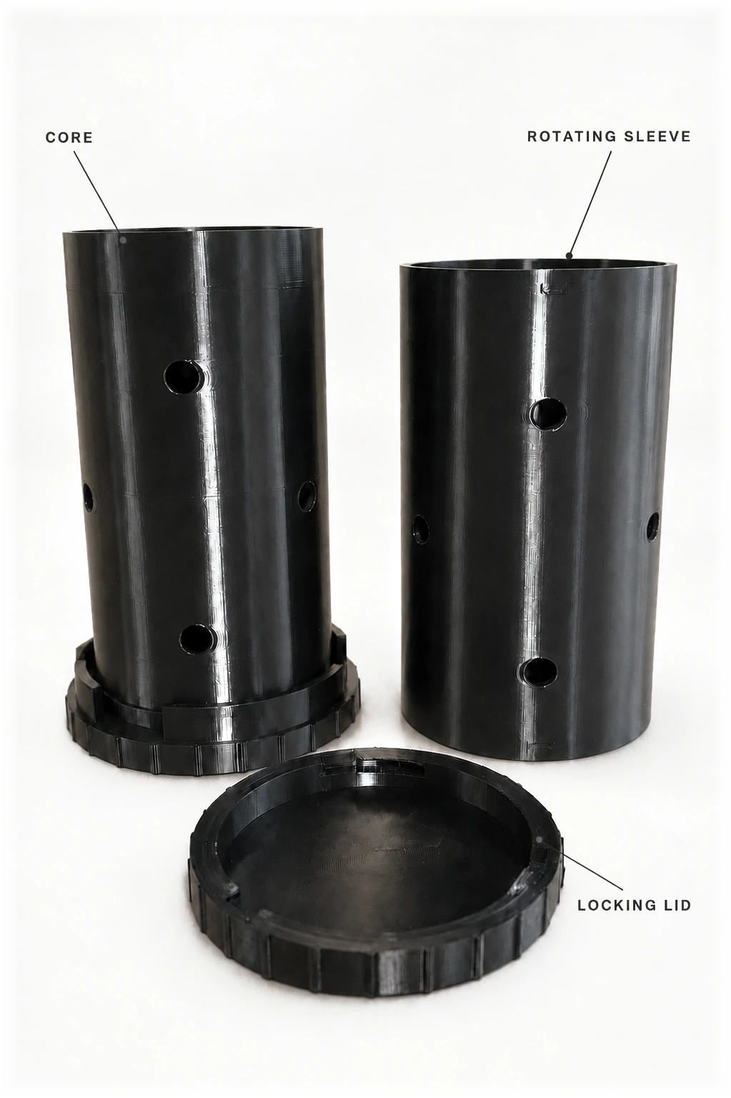 FlushLite in Matte Black, shown as core, rotating sleeve and locking lid
