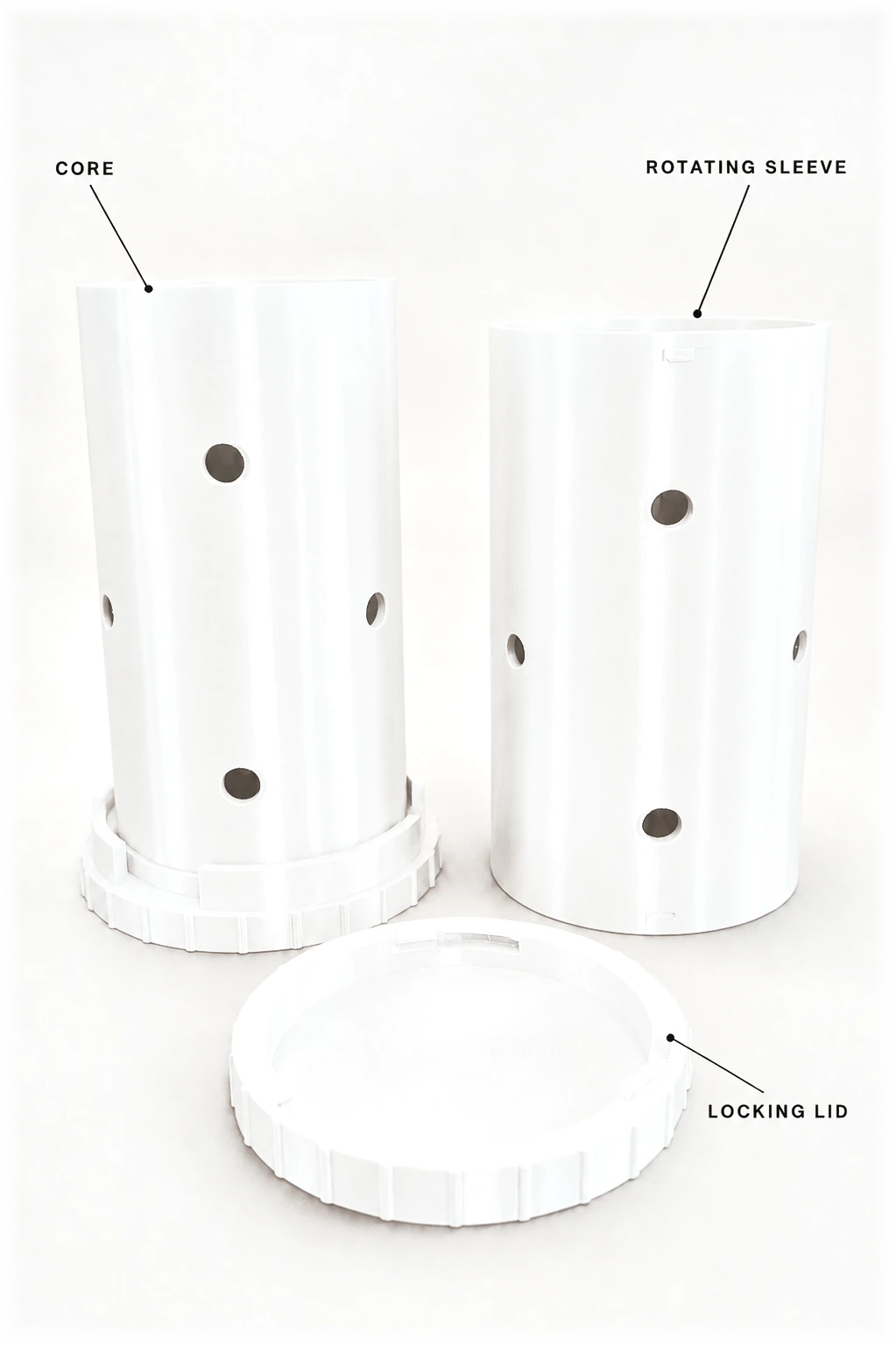 FlushLite in Bone White, shown as core, rotating sleeve and locking lid